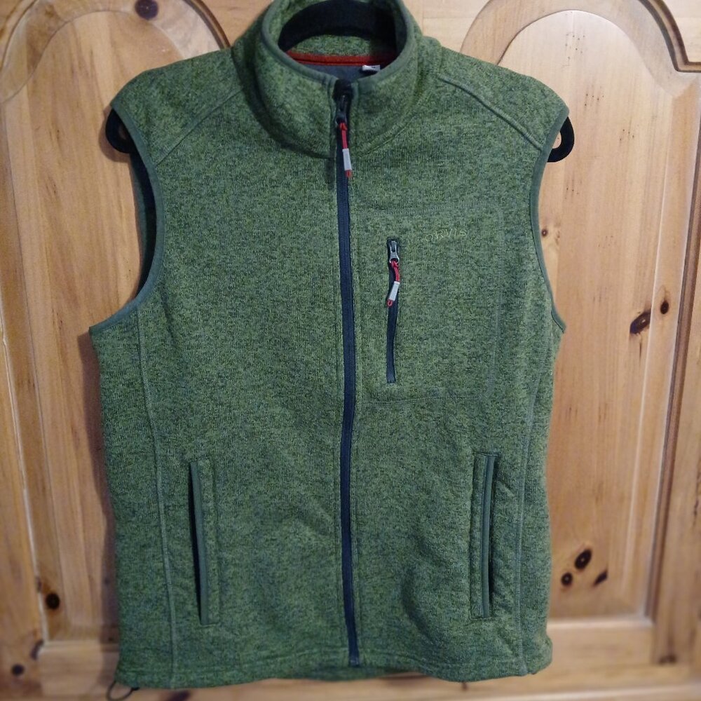 Orvis Men's Vest, Medium, Green Heathered Fleece, Full Zip, Pockets, EUC